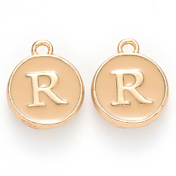 Letter R Golden Plated Alloy Enamel Charms, Cadmium Free & Lead Free, Enamelled Sequins, Flat Round with Letter, Wheat, Letter.R, 14x12x2mm, Hole: 1.5mm