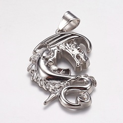Stainless Steel Color 304 Stainless Steel Pendants, Dragon, Stainless Steel Color, 49x33x5mm, Hole: 7x9mm