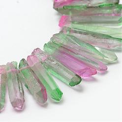 Green Electroplate Natural Quartz Crystal Beads Strands, Dyed, Faceted, Nuggets, Green, 23~47x8.5~9.5x8~10mm, Hole: 2mm, 15.7 inch(40cm)