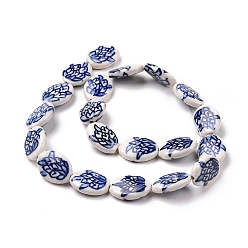 Bleu Foncé Chapelets de perles en porcelaine manuels, porcelaine bleue et blanche, ovale avec motif de fleurs, bleu foncé, 19~19.5x14~14.5x5~6mm, Trou: 1.9mm, Environ 20 pcs/chapelet, 149.61'' (380 cm)