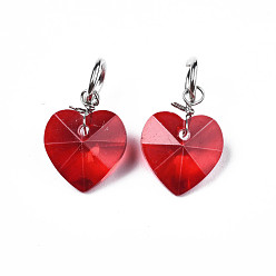 Red Faceted Transparent Glass Charms, with Iron Jump Ring, Heart, Red, 13~14x10x5~6mm, Hole: 4mm