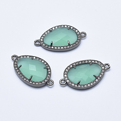 Pale Turquoise Brass Micro Pave Cubic Zirconia Links, with Glass, Faceted, Teardrop, Gunmetal, Pale Turquoise, 28x16x4.5mm, Hole: 1.6mm