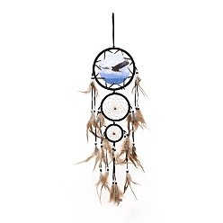 Eagle Web / filet tissé en ABS de style indien avec des décorations de pendentifs en plumes, avec des billes de bois et d'abs, recouvert de villosités et cordon de coton, plat rond, motif d'aigle, 730~743mm