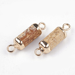 Picture Jasper Electroplate Natural Picture Jasper Links connectors, with Iron Findings, Column, Golden, 20~21x5~6x5~6mm, Hole: 1.8mm