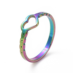 Rainbow Color Ion Plating(IP) 201 Stainless Steel Hollow Heart Finger Ring for Valentine's Day, Rainbow Color, 2~6mm, Inner Diameter: 17mm
