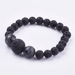 Labradorite Natural Larvikite Stretch Bracelets, with Natural Lava Rock Beads, Round, 2 inch(52mm)