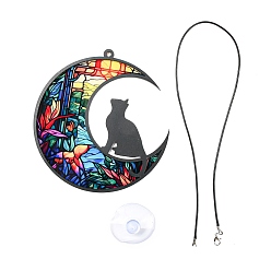 Colorful Opaque Acrylic Big Pendants, Leather Strap with Plastic Accessories, Moon with Cat, Colorful, 127x120x3.5mm, Hole: 4mm
