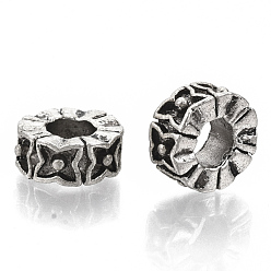 Antique Silver Tibetan Style Alloy Beads, Large Hole Beads, Cadmium Free & Lead Free, Column with Flower, Antique Silver, 11x5mm, Hole: 5mm, about 545pcs/1000g