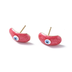 Cerise Enamel Curved Oval with Evil Eye Stud Earrings, Real 18K Gold Plated Brass Jewelry for Women, Cerise, 7.5x15.5mm, Pin: 0.8mm