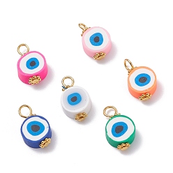 Mixed Color Handmade Polymer Clay Pendants, with Golden Tone Iron & Alloy Findings, Flat Round with Evil Eye, Mixed Color, 15~16x9x4.5mm, Hole: 3X3.6mm