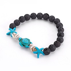 Mixed Material Natural Lava Rock Beads Stretch Bracelets, with Synthetic Turquoise(Dyed) Beads and Spiral Shell Beads, 2-1/4 inch(5.7cm)