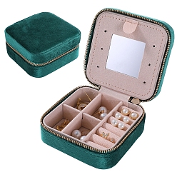 Green Square Velvet Jewelry Organizer Zipper Boxes, Portable Travel Jewelry Case with Mirror Inside, for Earrings, Necklaces, Rings, Green, 10x10x5cm