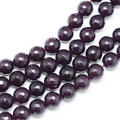Фиолетовый Натуральный белый нефритовый шарик нити, окрашенные, граненые, круглые, фиолетовые, 8~9 мм, отверстие : 1 мм, около 46 шт / нитка, 14.76~14.96 дюйм (37.5~38 см)