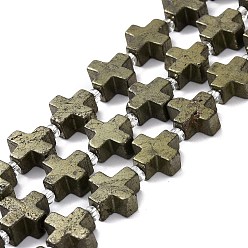 Pyrite Chapelets de perles pyrite naturelles , avec des perles de rocaille, croix, 13.5x13.5x6mm, Trou: 1.2mm, Environ 12 pcs/chapelet, 7.87'' (20 cm)