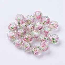 Blanc Perles lampwork, perles au chalumeau, faits à la main, fleur intérieure, facettes rondelle, blanc, 9x7mm, Trou: 1.5mm