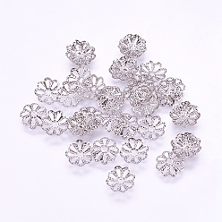 Real Platinum Plated Long-Lasting Plated Brass Fancy Bead Caps, Multi-Petal, Real Platinum Plated, Flower, 8x1mm, Hole: 1mm