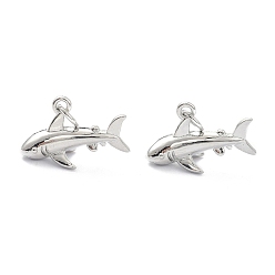 Real Platinum Plated Brass Pendants, with Jump Ring, Long-Lasting Plated, Shark Shape, Real Platinum Plated, 13x20x5.5mm, Jump Ring: 5x1mm, 3.5mm Inner Diameter 