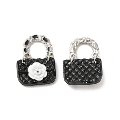 Black Alloy Enamel Charms, Cadmium Free & Nickel Free & Lead Free, Platinum, Handbag with Flower Charm, Black, 22mm, Bag: 16.5x11.5x5mm, Hole: 7x9mm