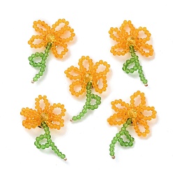 Orange Handmade Glass Beaded Woven Cabochons, for DIY Jewelry Making Crafts, with Brass Finding, Flower, Orange, 40~43x25~30x7~7.5mm