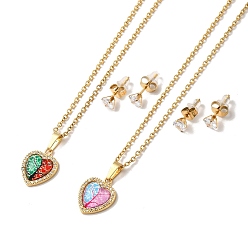 Mixed Color Clear Cubic Zirconia Heart with Acrylic Tree Pendant Necklace & Diamond Stud Earrings, Golden 304 Stainless Steel Jewelry Set for Women, Mixed Color, 500mm, 13.5x5.5mm, Pin: 0.7mm