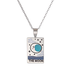 Stainless Steel Color Titanium Steel Enamel Tarot Rectangle Pendant Necklaces, Stainless Steel Cable Chain Necklace for Women Men, THE MOON, Stainless Steel Color, 17.72 inch(45cm)