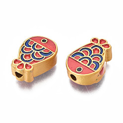 Red Rack Plating Alloy Enamel Beads, Cadmium Free & Lead Free, Matte Gold Color, Fish, Red, 14x10x5mm, Hole: 0.7mm