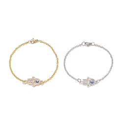 Platinum & Golden 2Pcs 2 Color Crystal Rhinestone Hamsa Hand with Evil Eye Link Bracelet, Alloy Jewelry for Women, Platinum & Golden, 7-1/2 inch(19cm), 1Pc/color