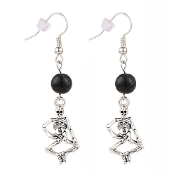 Black Human Skeleton Alloy Dangle Earrings, for Halloween, with Imitation Gemstone Acrylic Round Beads and Brass Earring Hooks, Antique Silver, Black, 55mm, Pin: 0.6mm