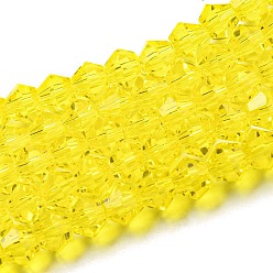 Amarillo Cuentas de vidrio transparentes, facetados, bicono, amarillo, 3.5x3 mm, agujero: 0.8 mm, sobre 108~123 unidades / cadena, 12.76~14.61 pulgada (32.4~37.1 cm)