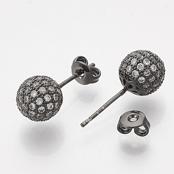 Gunmetal Brass Cubic Zirconia Stud Earrings, with Ear Nuts, Round, Clear, Gunmetal, 19.5x8mm, Pin: 0.7mm