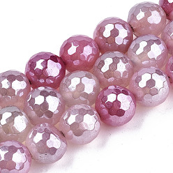 Pearl Pink Electroplate Natural Agate Beads Strands, Dyed, Faceted, Pearl Luster Plated, Round, Pearl Pink, 10.5mm, Hole: 1.2mm, about 36~37pcs/strand, 14.37 inch~14.57 inch(36.5cm~37cm)