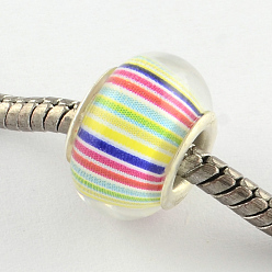 Colorful Large Hole Resin European Beads, with Silver Tone Brass Double Cores, Rondelle, Vertical Stripes Pattern, Colorful, 14x9~10mm, Hole: 5mm