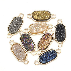 Mixed Color Plating AB Natural Druzy Agate Links connectors, with Brass Findings, Dyed, Oval, Golden, Mixed Color, 22x9x3~4mm, Hole: 2mm