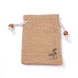 Tan Burlap Packing Pouches, Drawstring Bags, with Wood Beads, Tan, 14.6~14.8x10.2~10.3cm