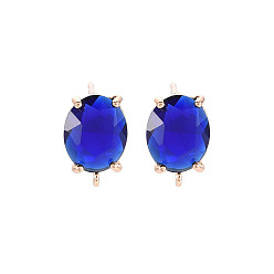 Midnight Blue Brass Stud Earring Findings, with Glass, Oval with Loop, Light Gold, Midnight Blue, 12~14x8mm, Hole: 1.2mm, Pin: 0.6~0.7mm