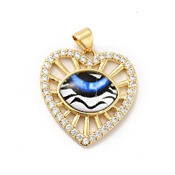 Blue Heart Brass Micro Pave Clear Cubic Zirconia Pendants, with Resin Eyeball, Cadmium Free & Nickel Free & Lead Free, Real 18K Gold Plated, Blue, 24x23x5mm, Hole: 3.5x5mm