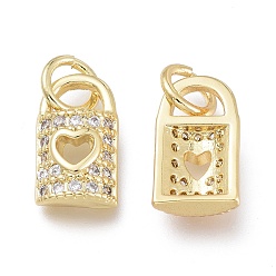 Real 18K Gold Plated Brass Micro Pave Clear Cubic Zirconia Charms, with Jump Rings, Long-Lasting Plated, Lock with Heart, Real 18K Gold Plated, 11x6.5x3mm, Jump Ring: 5x1mm, Hole: 3.5mm