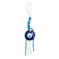 Prussian Blue Flat Round with Evil Eye Resin Pendant Decorations, Cotton Cord Braided Tassel Hanging Ornament, Prussian Blue, 197mm