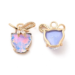 Violet Brass with K9 Glass Pendants,  Golden Cat with Bowknot Charms, Violet, 19.5x16x9mm, Hole: 2.5mm