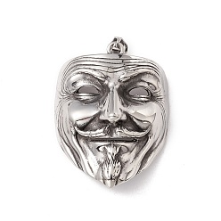Antique Silver 304 Stainless Steel Pendant, Mask, Antique Silver, 51x40x18mm, Hole: 8x4mm