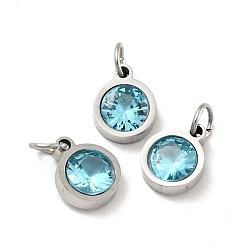 Pale Turquoise 304 Stainless Steel Pendants, with Cubic Zirconia and Jump Rings, Single Stone Charms, Flat Round, Stainless Steel Color, Pale Turquoise, 9.5x7.5x3mm, Hole: 3.6mm