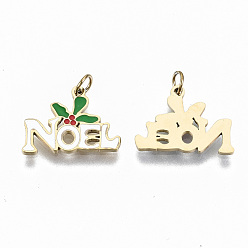 Real 14K Gold Plated 316 Surgical Stainless Steel Enamel Charms, with Jump Rings, for Christmas, White Word Noel, Real 14K Gold Plated, 10x14x1mm, Jump Ring: 3.5x0.5mm, 2.5mm inner diameter