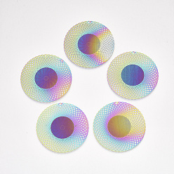 Rainbow Color Ионное покрытие (ip) 304 большие филигранные подвески из нержавеющей стали, гравированные металлические украшения, плоско-круглые, Радуга цветов, 52.5x0.2 мм, отверстие : 1.8 мм