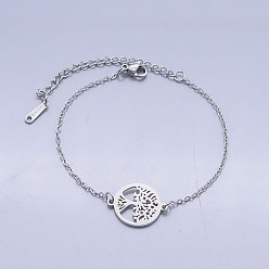 Stainless Steel Color 201 Stainless Steel Link Bracelets, with Lobster Claw Clasps, Tree of Life with Flat Round, Stainless Steel Color, 6-5/8 inch(16.8~16.9cm)
