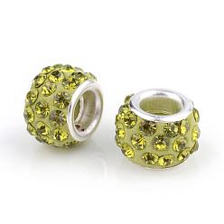Olivine Polymer Clay Rhinestone European Beads, Large Hole Beads, Rondelle, with Silver Color Plated Brass Cores, Olivine, 10~12x7~8mm, Hole: 5mm