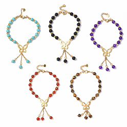 Mixed Color Gemstone & Glass Beaded Bracelets, 304 Stainless Steel Butterfly with Tassel Chain Charm Bracelets for Women, Mixed Color, 7-1/8 inch(18.1cm)