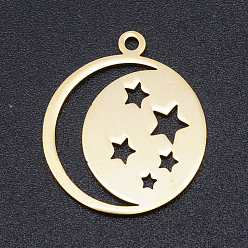 Oro 201 colgantes de acero inoxidable con corte láser, estrella con la luna, dorado, 20.5x18x1 mm, agujero: 1.4 mm