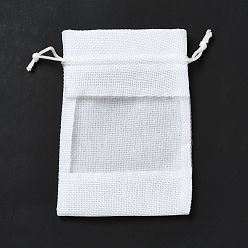 White Linen Pouches, Drawstring Bags, with Organza Windows, Rectangle, White, 14x10x0.5cm