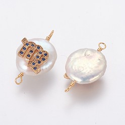 Virgo Natural Pearl Links connectors, with Brass Micro Pave Cubic Zirconia Findings, Flat Round with Constellation, Golden, Marine Blue, Virgo, 20~26x9~17x5~11mm, Hole: 1.6mm