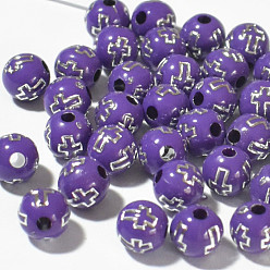 Indigo Plating Acrylic Beads, Round with Cross, Indigo, 8mm, 1800pcs/bag